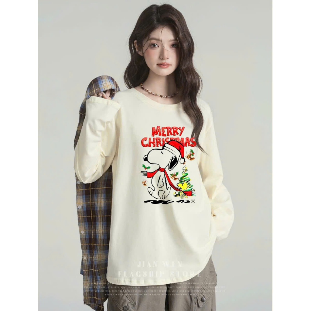 Áo thun xượt dài tay in hình Giáng sinh, Noel JULY FASHION, Áo dài tay nữ dáng rộng, chất thun xượt mềm mại, thấm mồ hôi