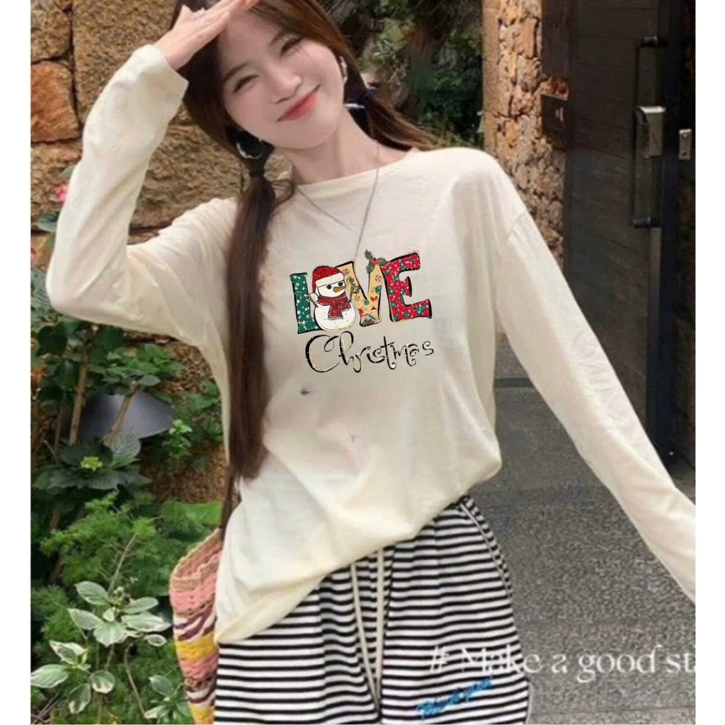 Áo thun xượt dài tay in hình Giáng sinh, Noel JULY FASHION, Áo dài tay nữ dáng rộng, chất thun xượt mềm mại, thấm mồ hôi