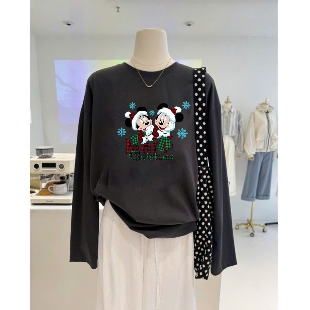 Áo thun xượt dài tay in hình Giáng sinh, Noel JULY FASHION, Áo dài tay nữ dáng rộng, chất thun xượt mềm mại, thấm mồ hôi