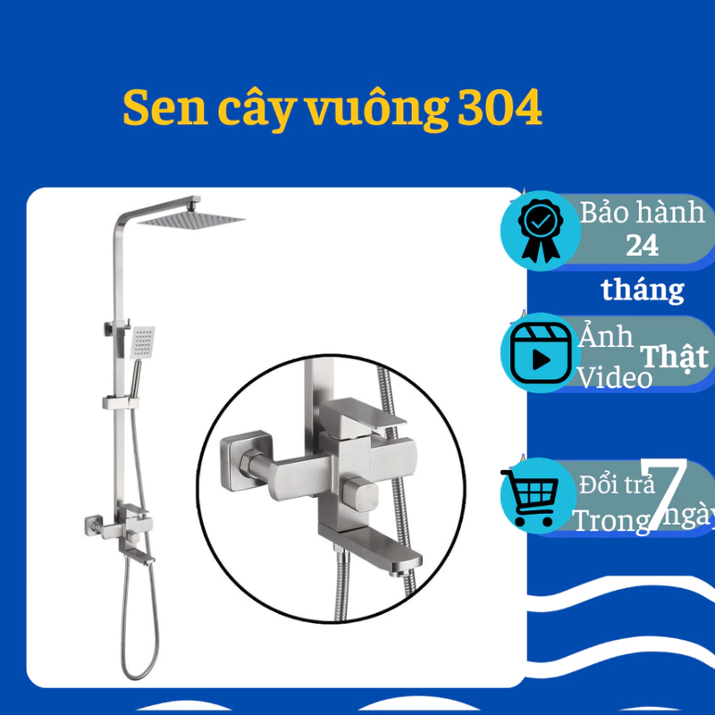 Sen cây vuông inox 304, sen cây tắm đứng, sen tắm đứng inox 304 mờ bền bỉ, sen tắm inox 3 chế độ — ảnh 1