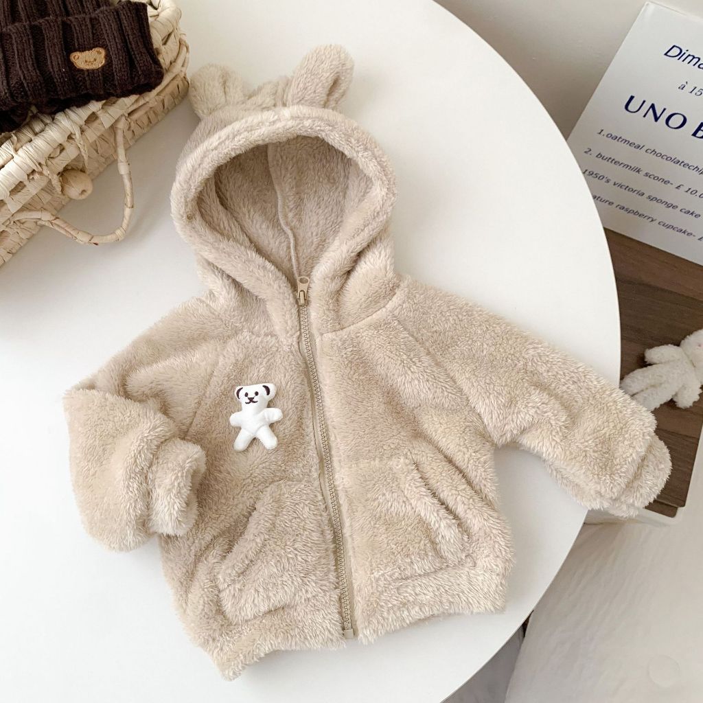 (HÀNG CÓ SẴN) Hàng QCCC Khoác lông kèm mũ tai chất đẹp ấm, lông không rụng cho bé trai bé gái cover Hàn Quốc