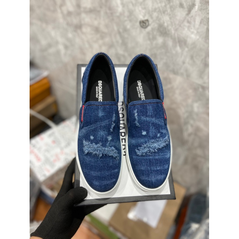 Giày Slipon Nam - Giày Lười B2 Vải Bò Wash Rách Xước Xanh Đậm Logo Gót ...