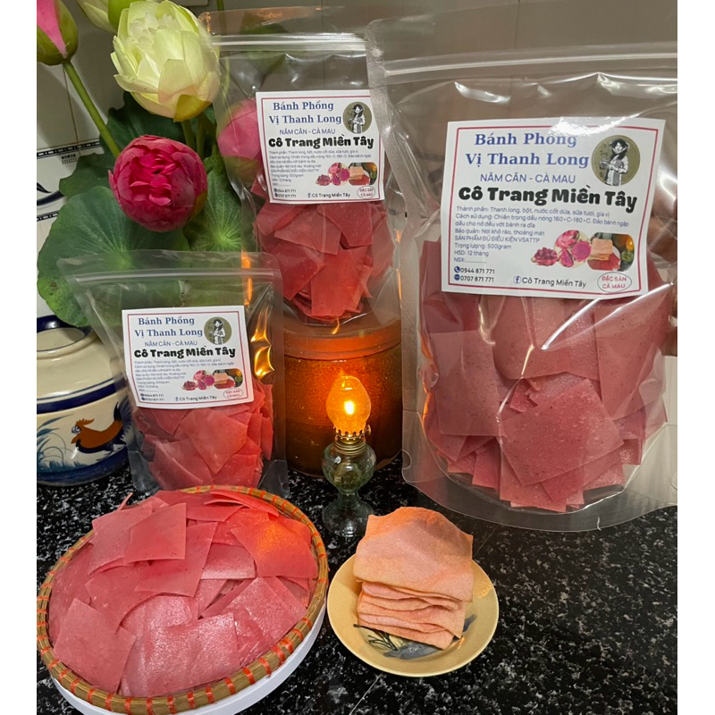 Bánh phồng thanh Long đỏ / Bánh phồng thanh đỏ Năm Căn Cà Mau / Hộp 500g