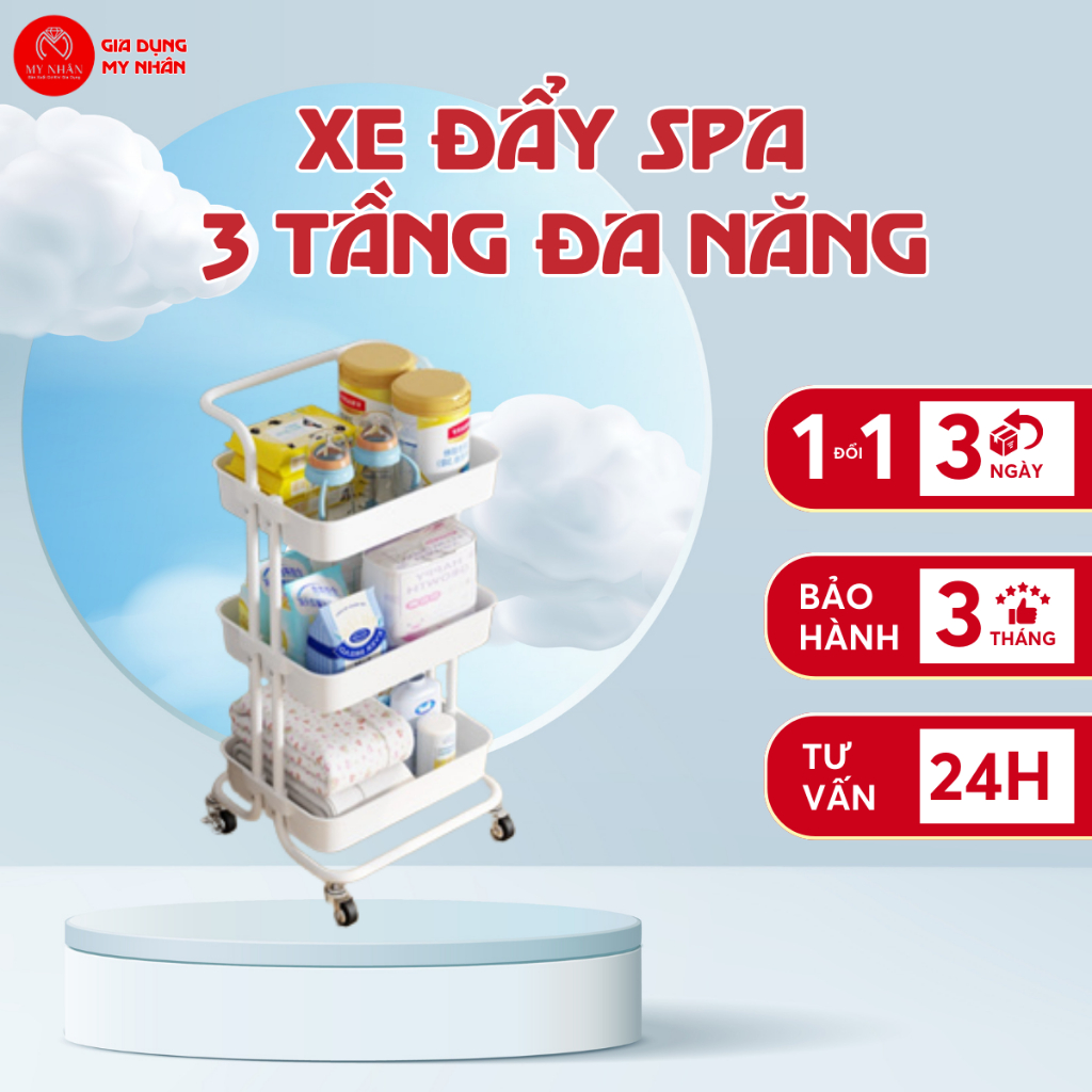 NEW 2024 Xe Đẩy Spa 3 Tầng Đa Năng My Nhân Kệ Để Đồ Bỉm Sữa