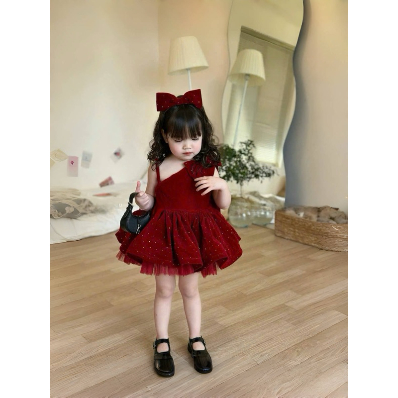 [TẶNG BỜM] Sét váy nhung phối ren cho bé gái 8-30kg