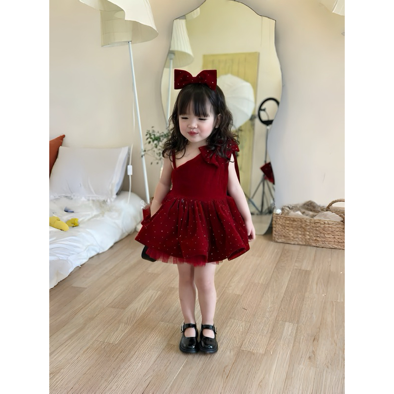 [TẶNG BỜM] Sét váy nhung phối ren cho bé gái 8-30kg