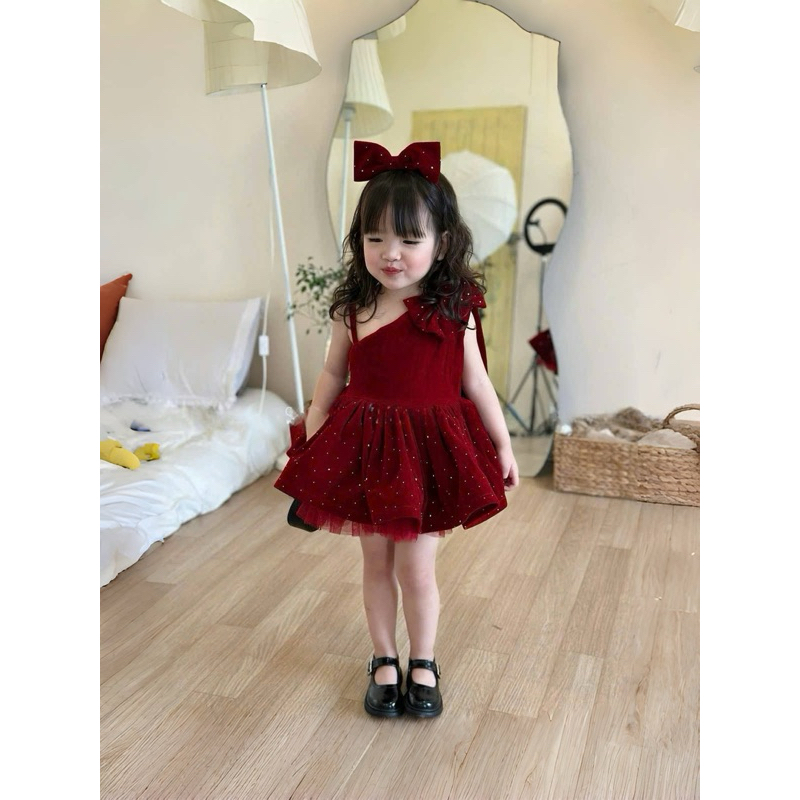 [TẶNG BỜM] Sét váy nhung phối ren cho bé gái 8-30kg