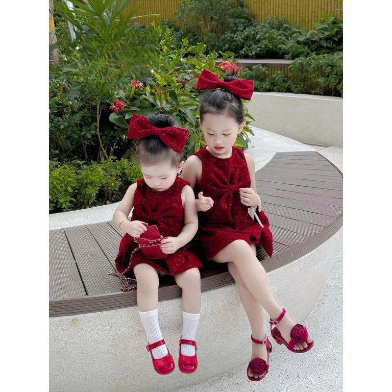 Váy nhung kim tuyến nơ to [TẶNG BUỘC TÓC nơ] cho bé gái 10-30kg