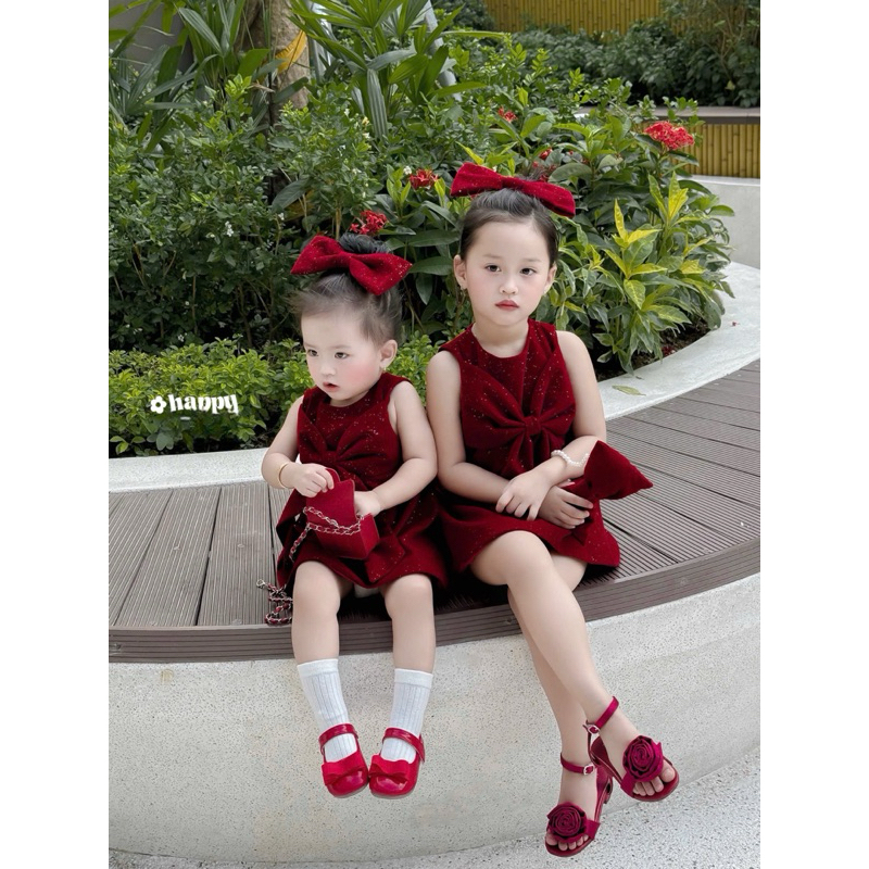 Váy nhung kim tuyến nơ to [TẶNG BUỘC TÓC nơ] cho bé gái 10-30kg