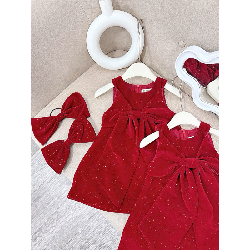 Váy nhung kim tuyến nơ to [TẶNG BUỘC TÓC nơ] cho bé gái 10-30kg