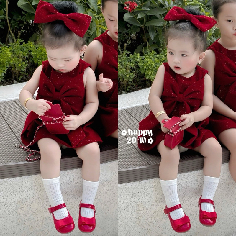 Váy nhung kim tuyến nơ to [TẶNG BUỘC TÓC nơ] cho bé gái 10-30kg