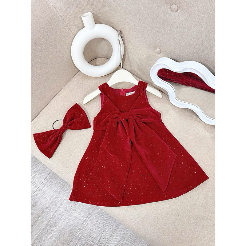 Váy nhung kim tuyến nơ to [TẶNG BUỘC TÓC nơ] cho bé gái 10-30kg