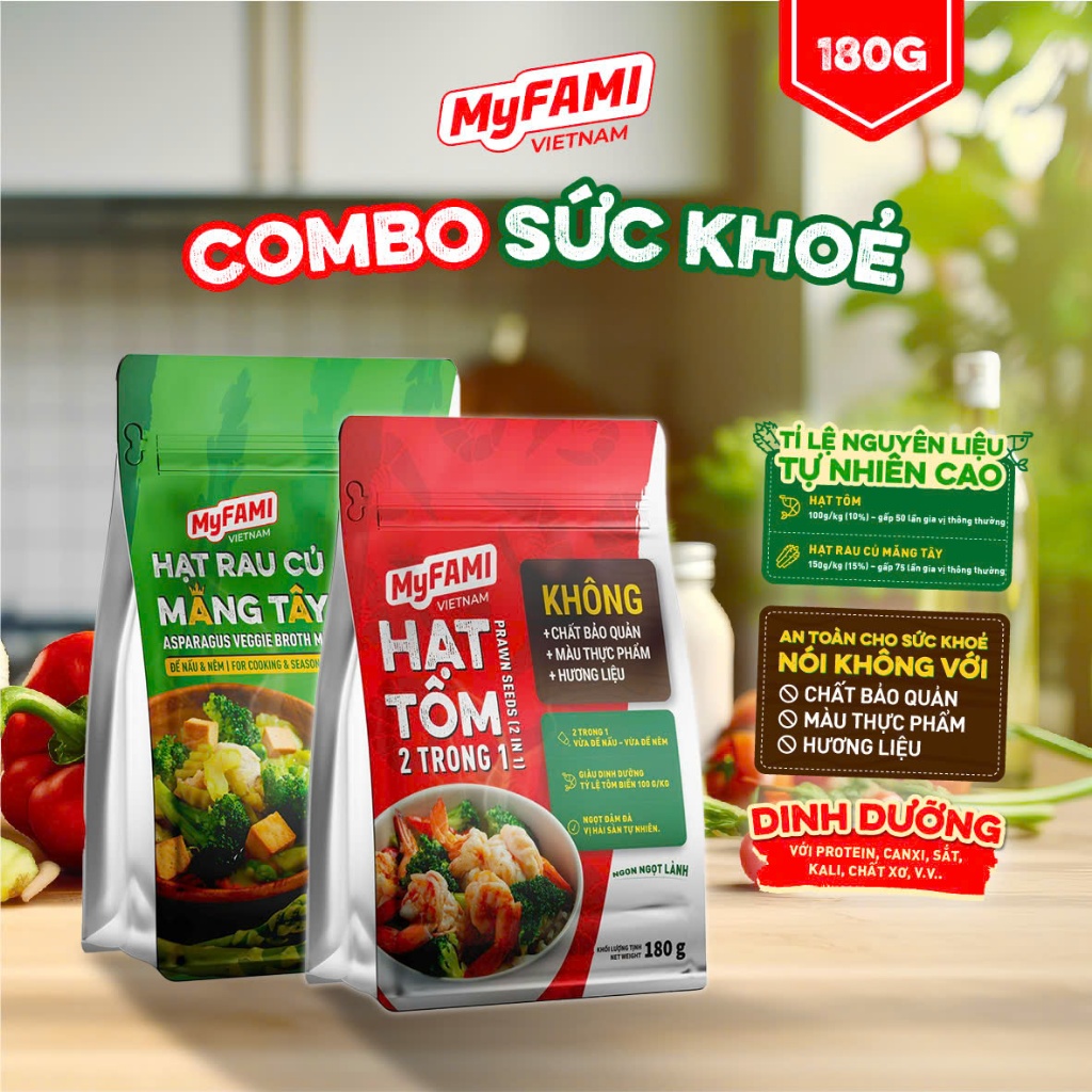 [TẶNG 1 GÓI] Gia Vị Nấu Ăn COMBO SỨC KHỎE Hạt Tôm 180g & Hạt Rau Củ Măng Tây 180g an toàn dinh dưỡng