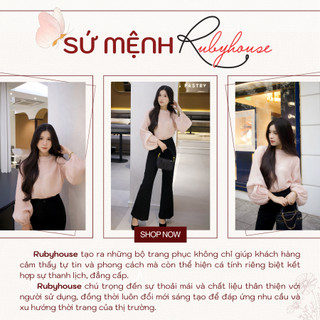 Set áo quần nữ thiết kế Rubyhouse, áo tơ Hồng Baby tay bồng phối quần ống loe công sở