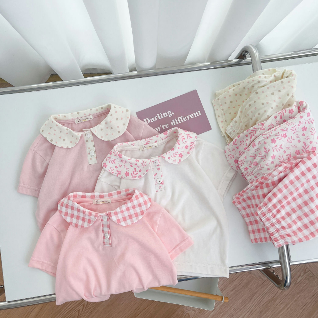 Set bộ cộc tay quần lửng bé gái Miniumbaby dáng cổ sen, chất cotton mềm mịn bé từ 1 - 6 tuổi SB1839