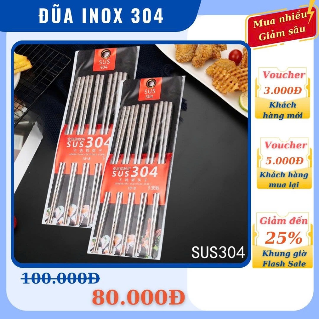 Đũa inox 304 cao cấp, Bộ 5 đôi đũa vuông khắc vân chống trơn trượt ...