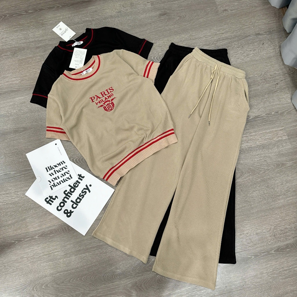 2026. Bộ CỘC TAY thêu PARIS quần dài chất tăm hàn 4 sz SMLXL