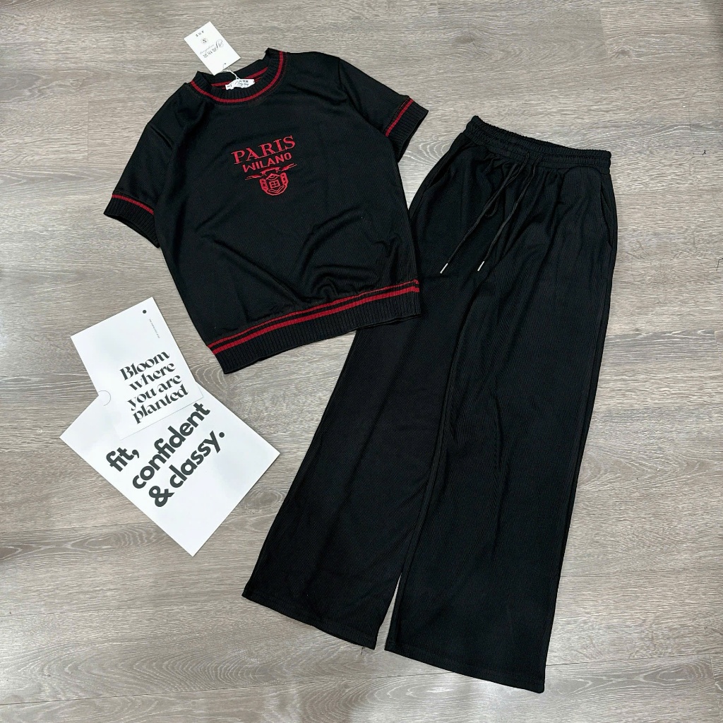 2026. Bộ CỘC TAY thêu PARIS quần dài chất tăm hàn 4 sz SMLXL