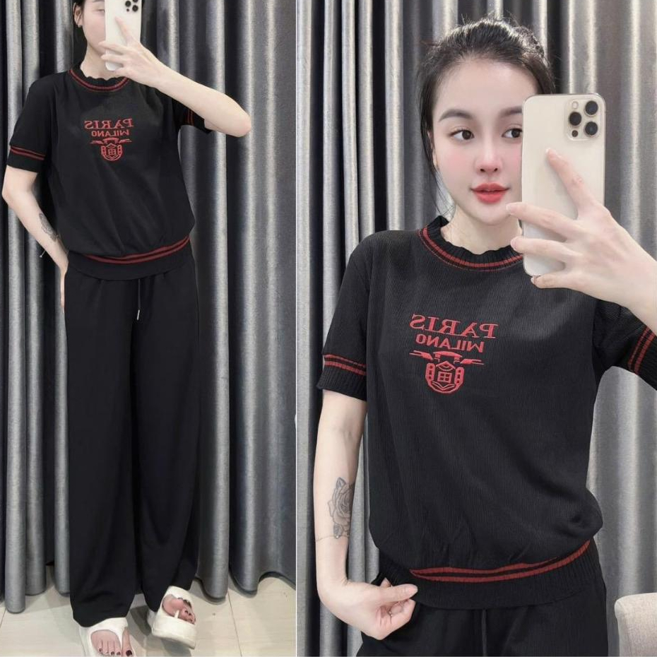 2026. Bộ CỘC TAY thêu PARIS quần dài chất tăm hàn 4 sz SMLXL