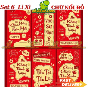 Set 6 Bao Lixi Nhung Xinh Xắn Lấp Lánh Bao Lì Xì Đỏ Lixi Tết In Chữ Nổi 3D Truyền Thống BỐ KHỦNG LONG