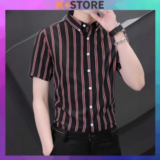 Áo sơ mi nam ngắn tay lụa hàn họa tiết kẻ sọc form Thời Trang thanh lịch Menswear