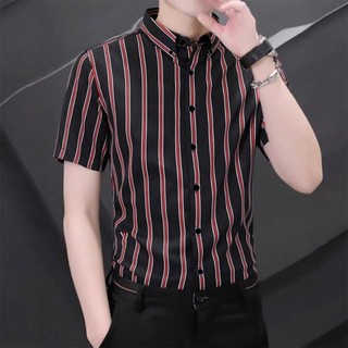 Áo sơ mi nam ngắn tay lụa hàn họa tiết kẻ sọc form Thời Trang thanh lịch Menswear
