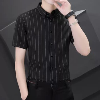 Áo sơ mi nam ngắn tay lụa hàn họa tiết kẻ sọc form Thời Trang thanh lịch Menswear