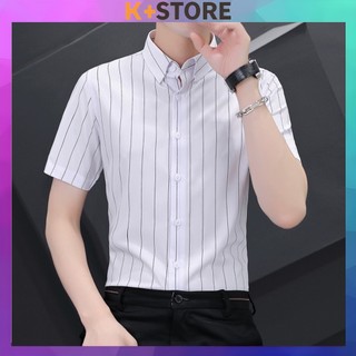 Áo sơ mi nam ngắn tay lụa hàn họa tiết kẻ sọc form Thời Trang thanh lịch Menswear