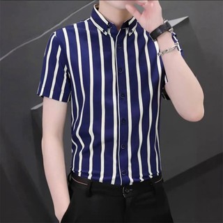 Áo sơ mi nam ngắn tay lụa hàn họa tiết kẻ sọc form Thời Trang thanh lịch Menswear