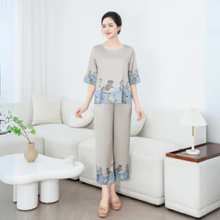 Đồ bộ trung niên tặng mẹ cao cấp LYBEE LS017 chất lụa in thoáng mát, thoải mái size 45-75kg
