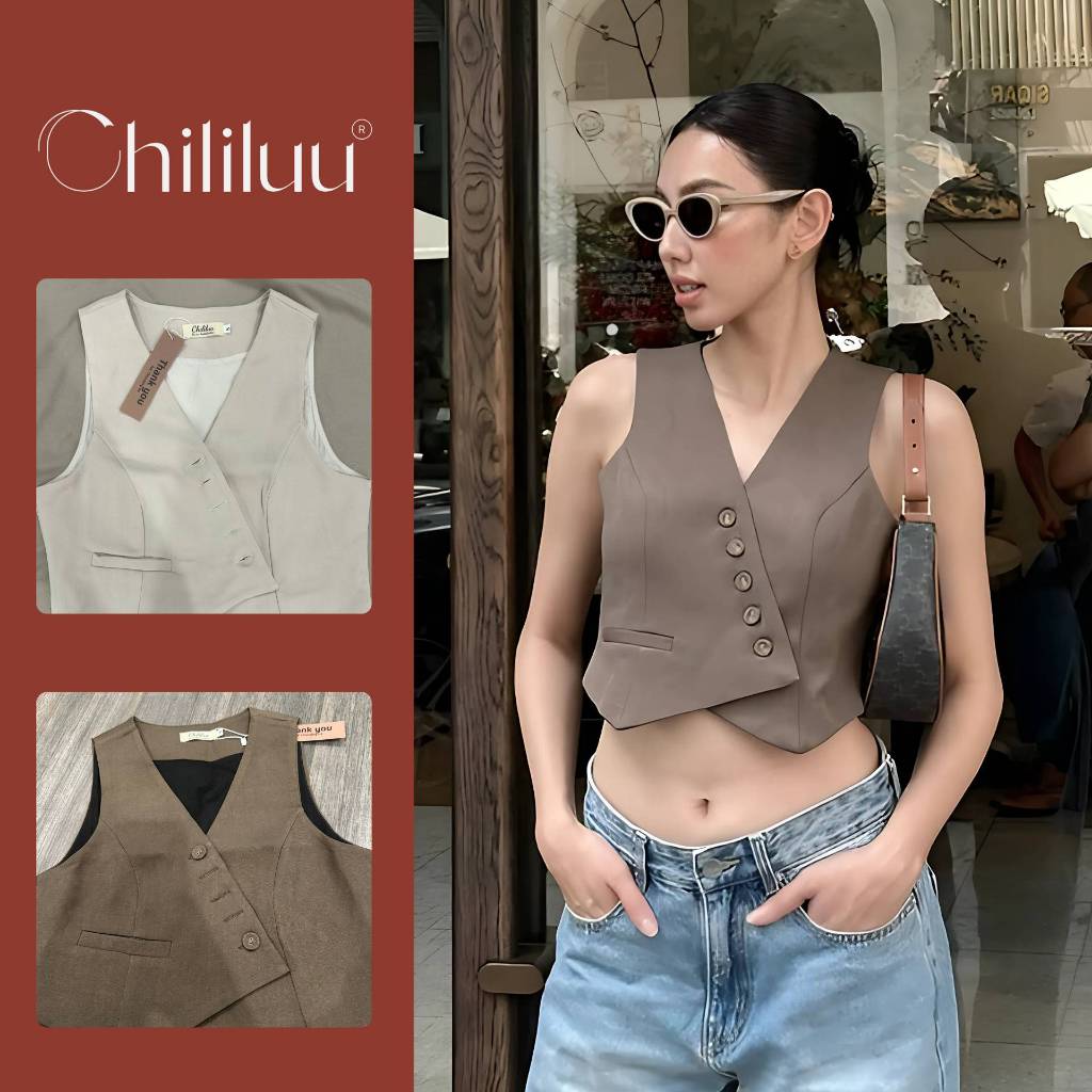 XẢ HÀNG - Áo gile croptop Chililuu áo gile vạt chéo hở nách cách tân phong cách cá tính sang chảnh