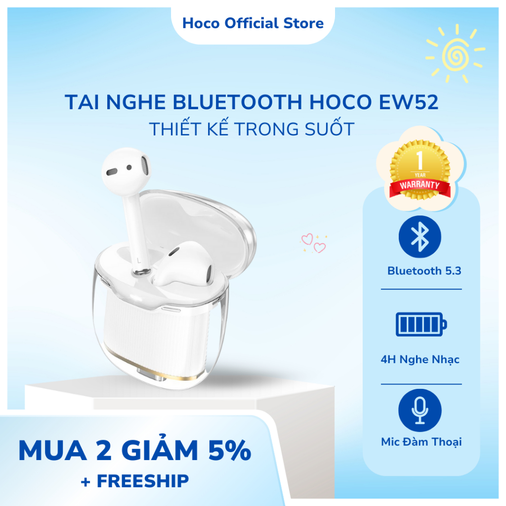 Tai nghe bluetooth Hoco EW52, tai nghe nhét tai có mic đàm thoại, 4h ...