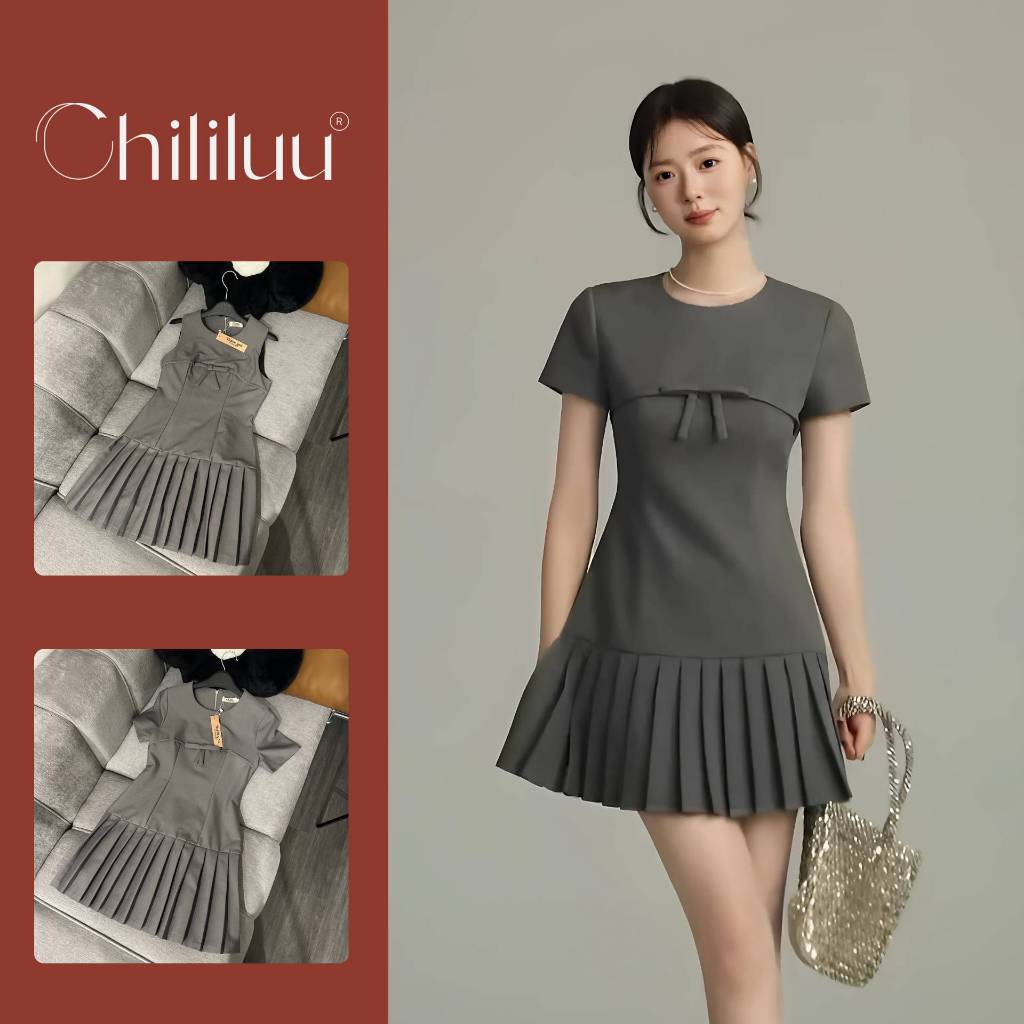 Váy nữ ngắn Chililuu đầm ngắn cổ tròn đính nơ tà dưới xếp ly phong cách tiểu thư Hàn Quốc