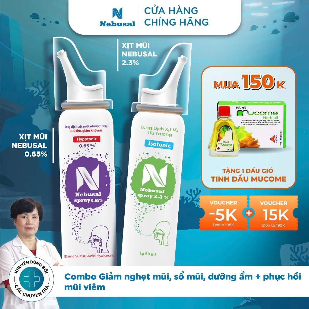 Combo Xịt Mũi Nebusal 2.3% và Nebusal 0.65% Giảm Nghẹt Mũi, Sổ Mũi ...