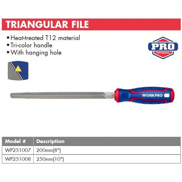 Giũa tam giác WORKPRO kích thước 200mm (8 inch) WP251007 đánh bóng, làm mịn vật liệu hiệu quả - Hàng chuẩn chính hãng