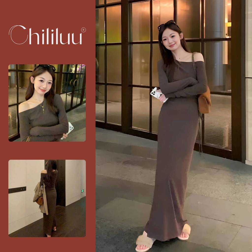 XẢ HÀNG - Váy hở vai Chililuu váy body ôm sát lệch vai dài tay phong cách sexy Hàn Quốc
