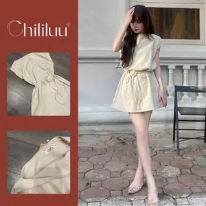 Váy linen Chililuu váy cách điệu chiết eo dang ngắn ngắn kèm hoa phong cách đơn giản thanh lịch