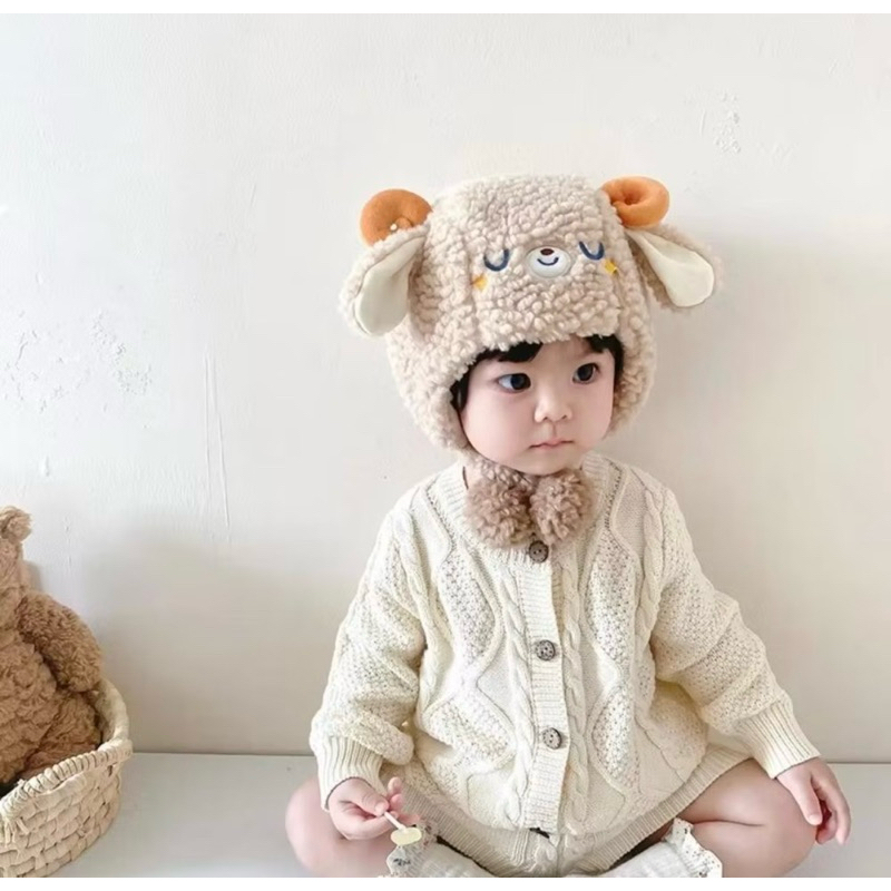 Mũ len cừu quả bông bảo vệ tai cho bé từ 6 tháng-3 tuổi