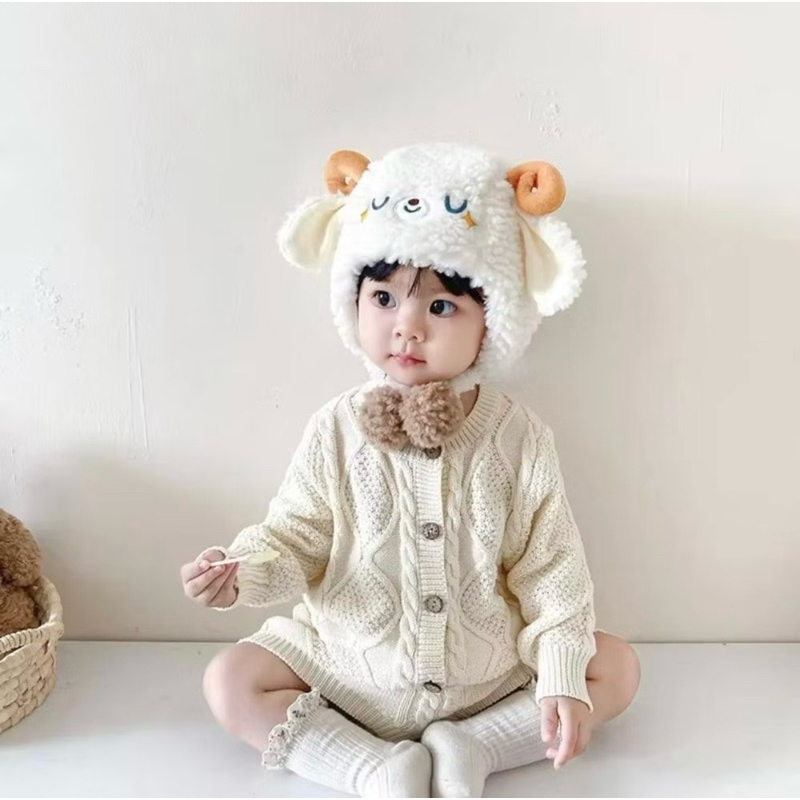 Mũ len cừu quả bông bảo vệ tai cho bé từ 6 tháng-3 tuổi
