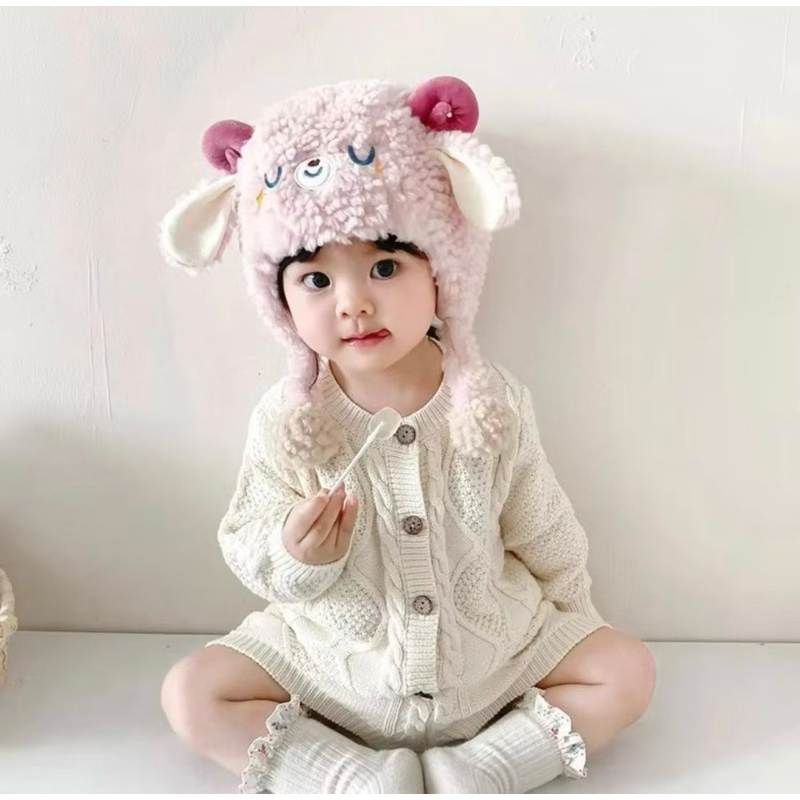 Mũ len cừu quả bông bảo vệ tai cho bé từ 6 tháng-3 tuổi