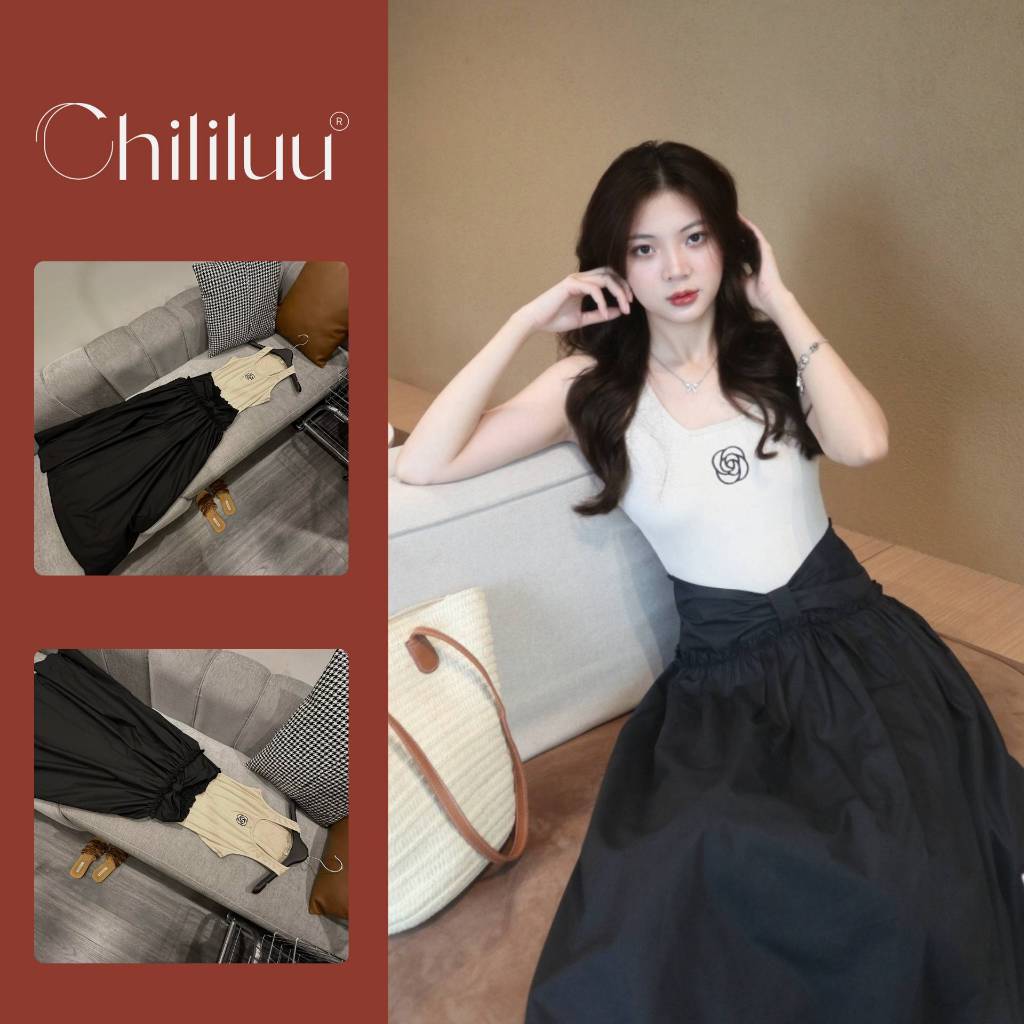 XẢ HÀNG - Set váy dài Chililuu áo ba lỗ thêu hoa kèm chân váy dài bo chun lớp lót dài phong cách Hàn Quốc
