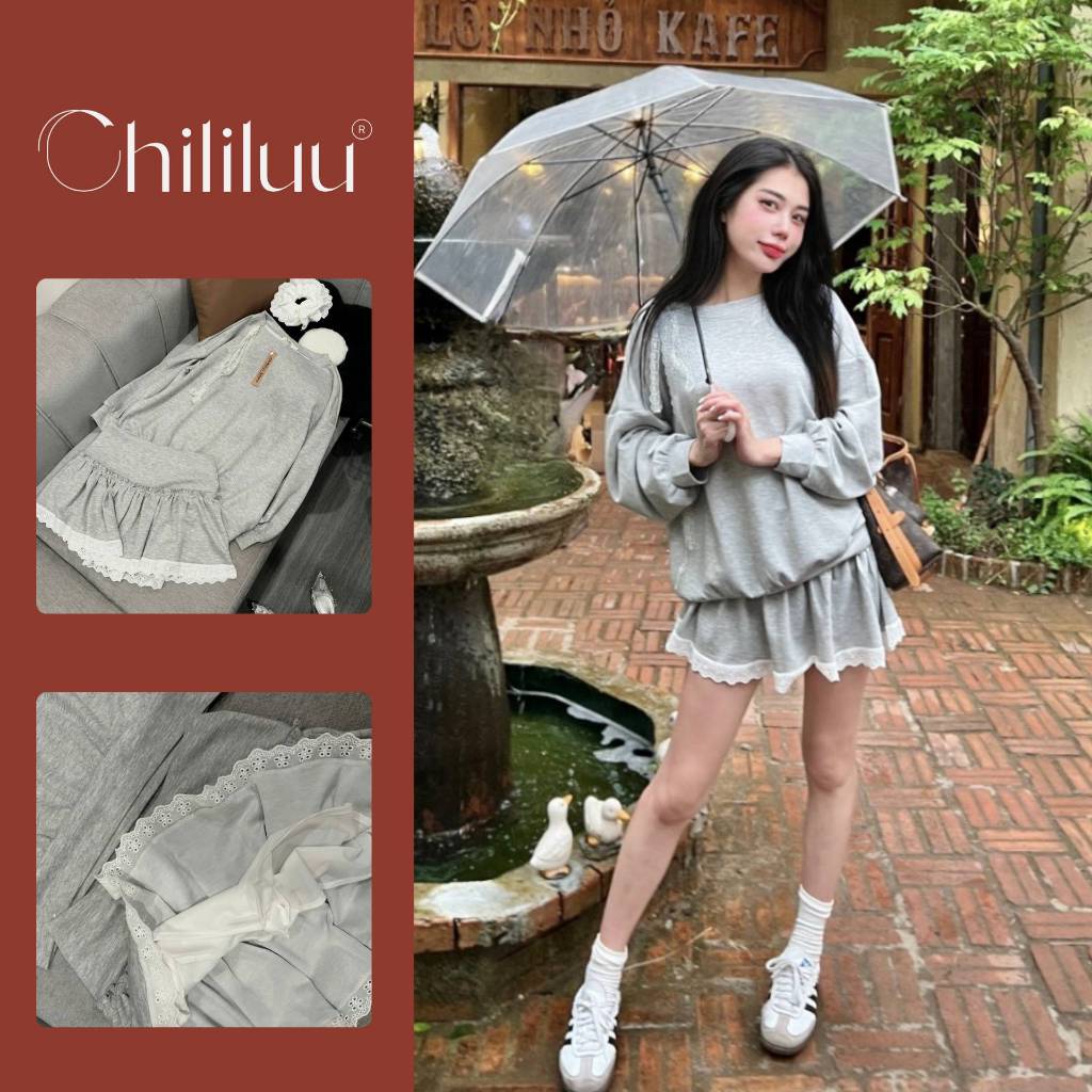 XẢ HÀNG - Set váy Chililuu áo xám lệch vai dài tay kèm chân váy ren ngắn phong cách Douyin