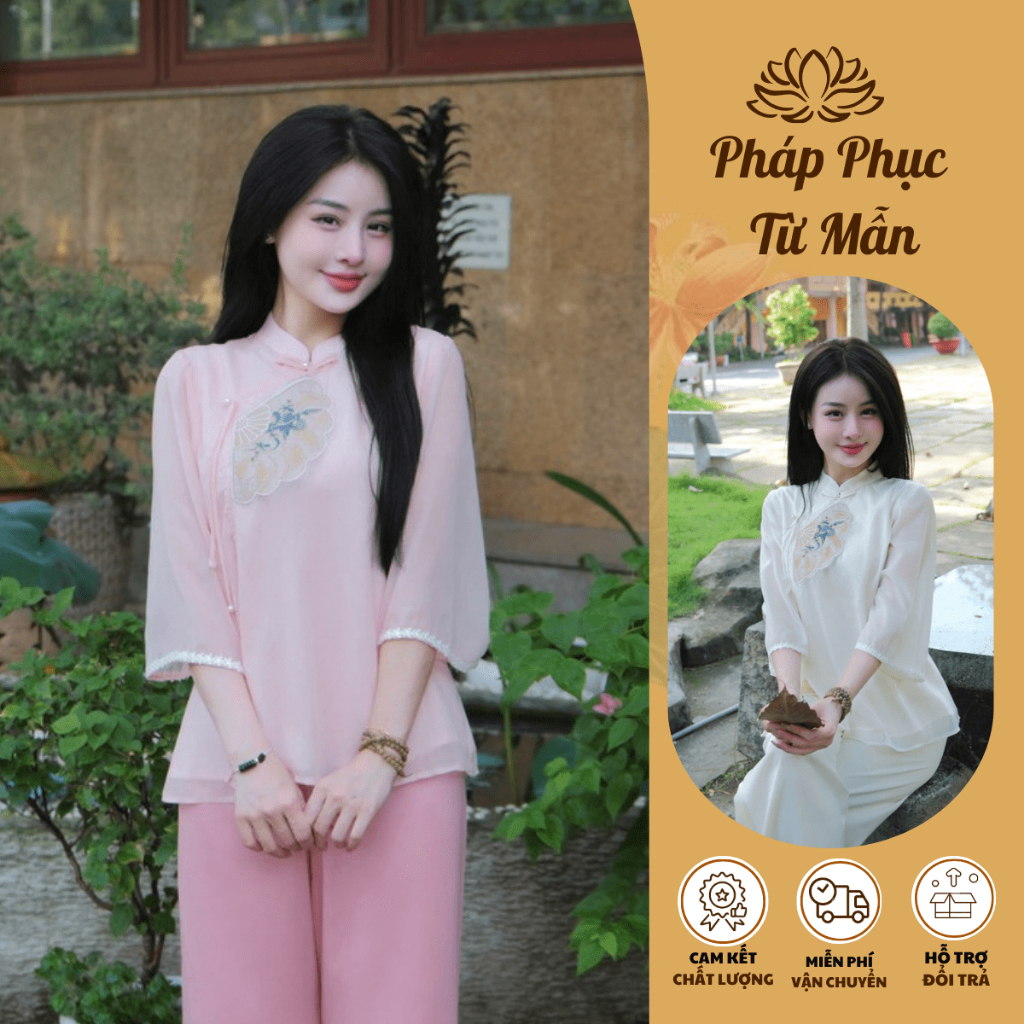 Pháp phục đi chùa cổ tàu thêu quạt voan tơ 2 lớp Đồ bộ đi chùa cách tân tay lỡ Đồ lam đi chùa đi chơi tết