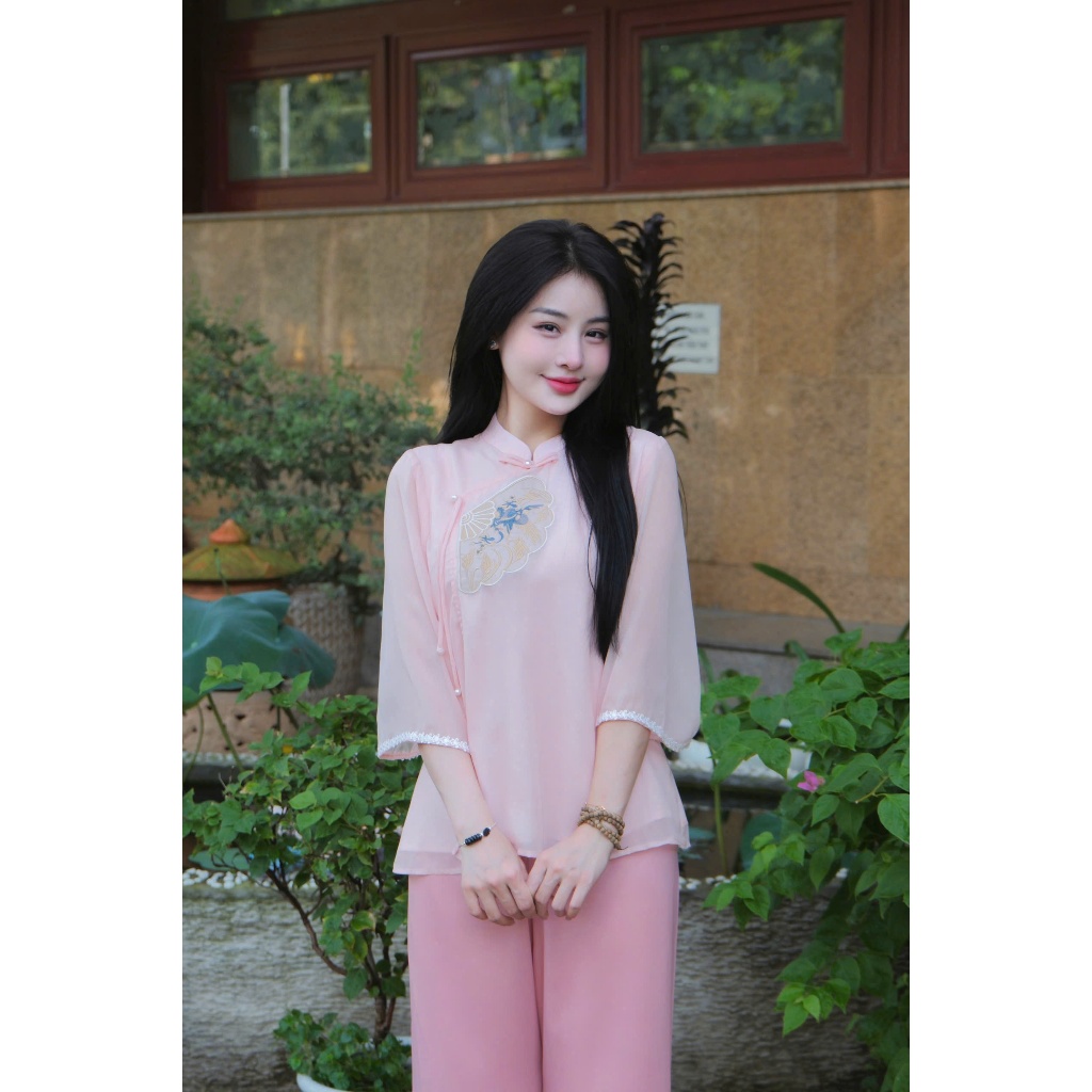 Pháp phục đi chùa cổ tàu thêu quạt voan tơ 2 lớp Đồ bộ đi chùa cách tân tay lỡ Đồ lam đi chùa đi chơi tết