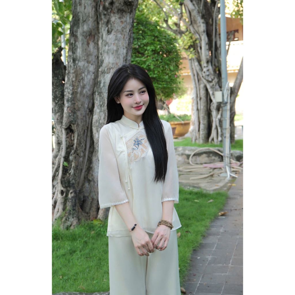 Pháp phục đi chùa cổ tàu thêu quạt voan tơ 2 lớp Đồ bộ đi chùa cách tân tay lỡ Đồ lam đi chùa đi chơi tết