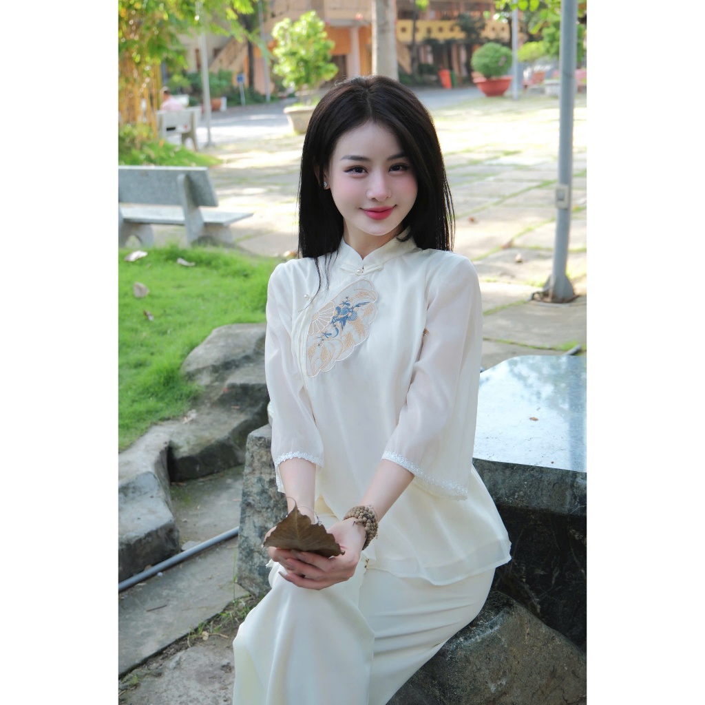 Pháp phục đi chùa cổ tàu thêu quạt voan tơ 2 lớp Đồ bộ đi chùa cách tân tay lỡ Đồ lam đi chùa đi chơi tết