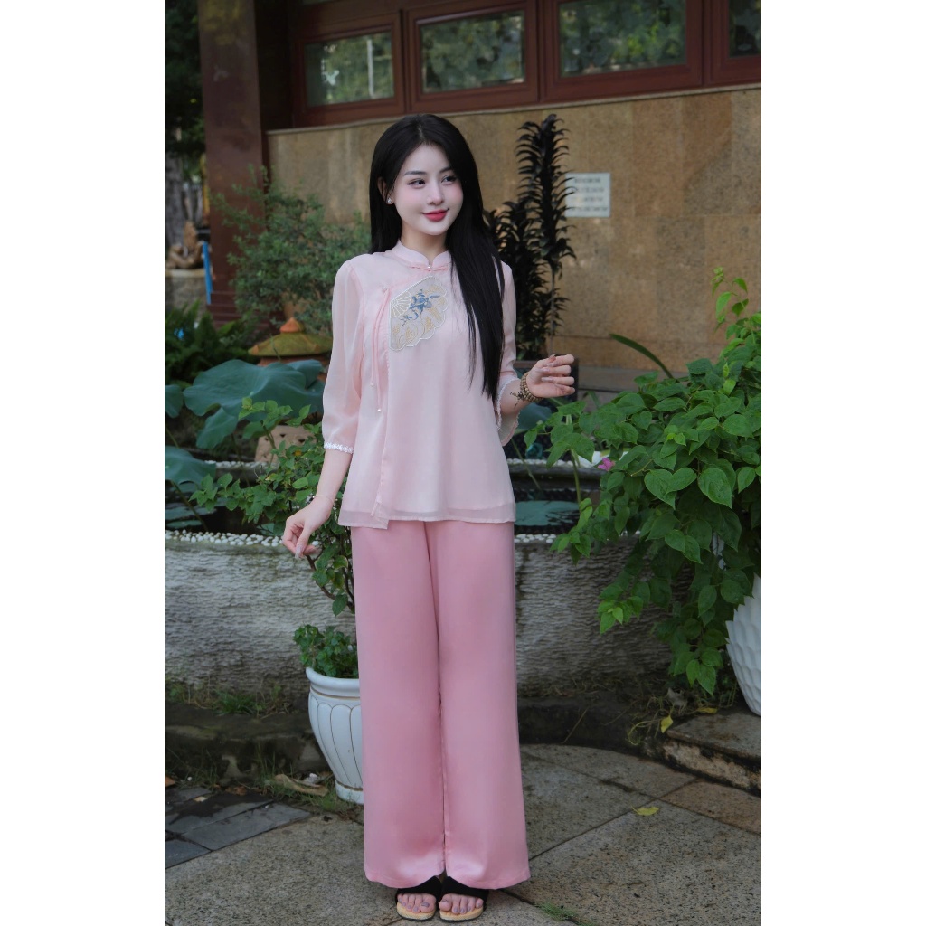Pháp phục đi chùa cổ tàu thêu quạt voan tơ 2 lớp Đồ bộ đi chùa cách tân tay lỡ Đồ lam đi chùa đi chơi tết