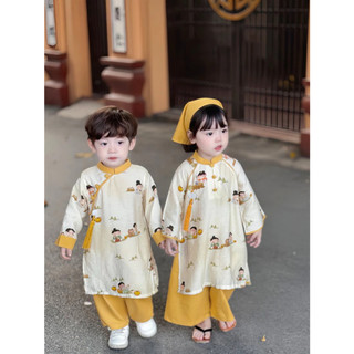 Áo dài tết cho bé gái, áo dài cách tân bé trai, áo dài trẻ em chất liệu đũi tơ mix Linen cao cấp