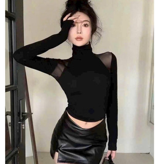 Áo Thun Cổ Lọ Nót Nỉ SLAY ÔM BODY Phối Lưới KHOÉT VAI DÁNG NEW