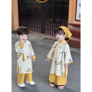 Áo dài tết cho bé gái, áo dài cách tân bé trai, áo dài trẻ em chất liệu đũi tơ mix Linen cao cấp